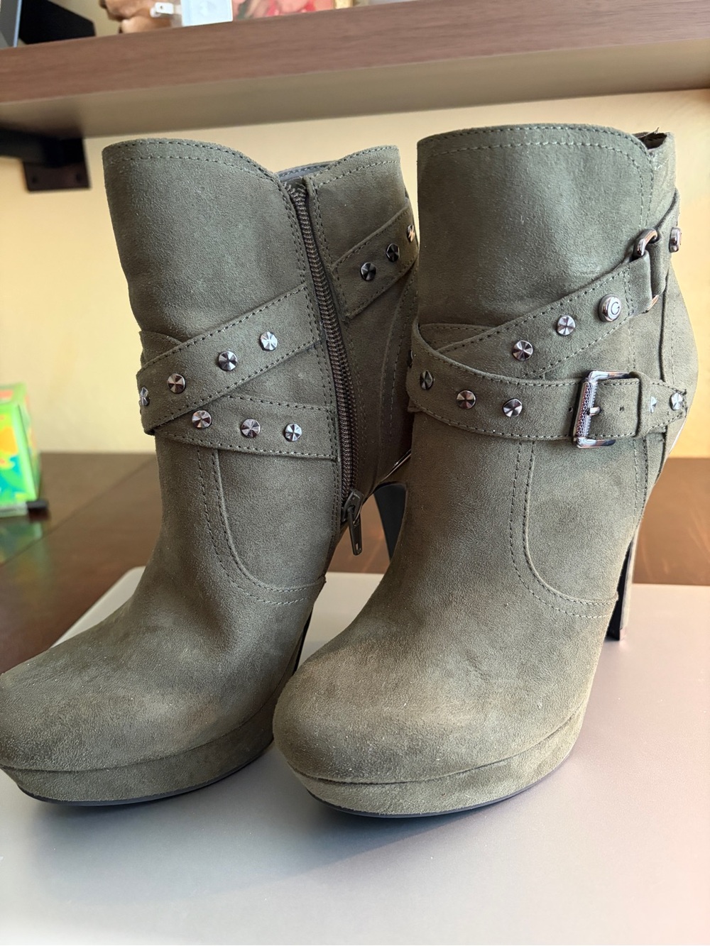 Guess Olive Green Suede Studded Ankle Booties